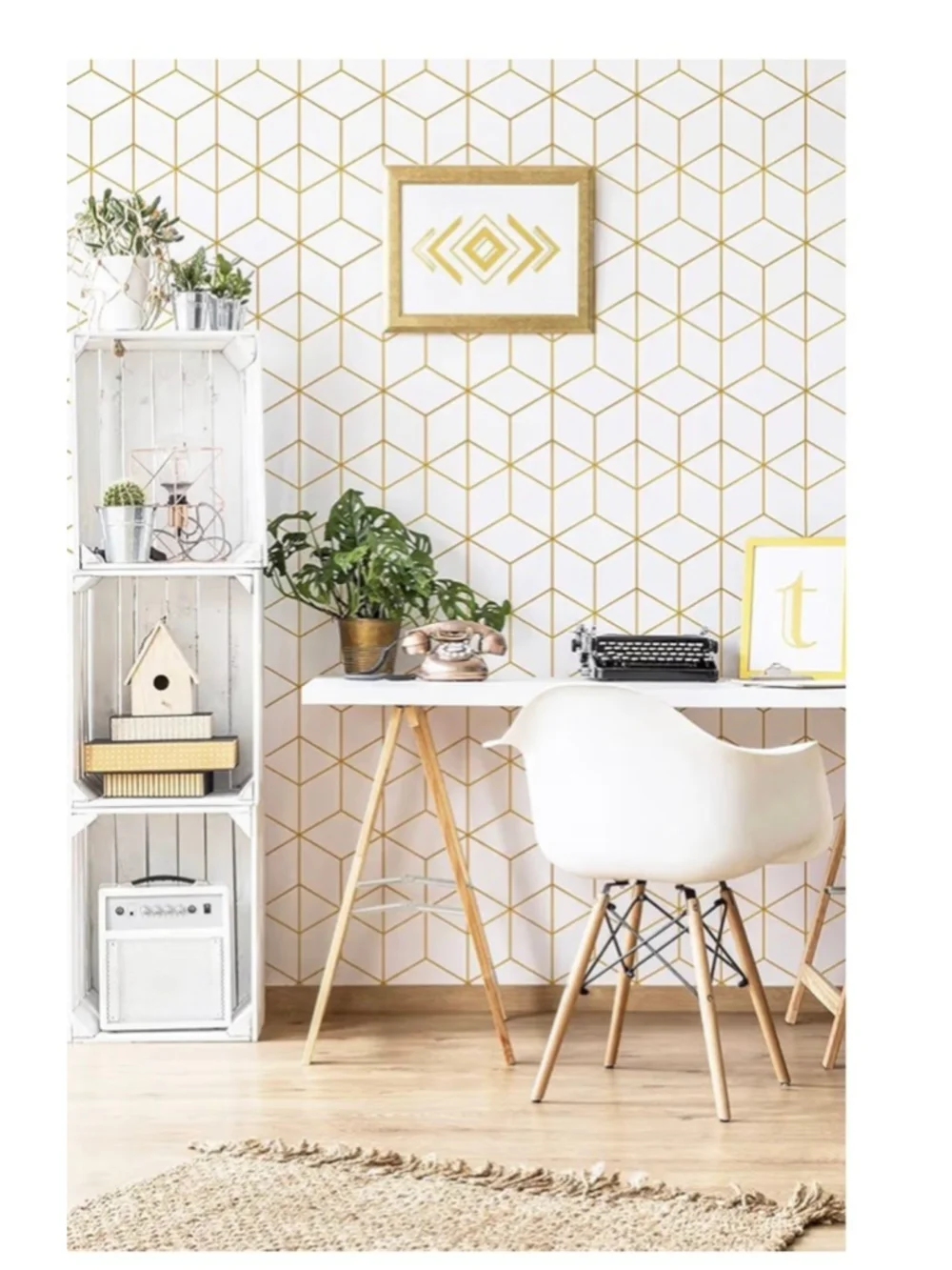 NEW Gold White Geometric Peel & Stick Adhesive Removable Wallpaper 17.3